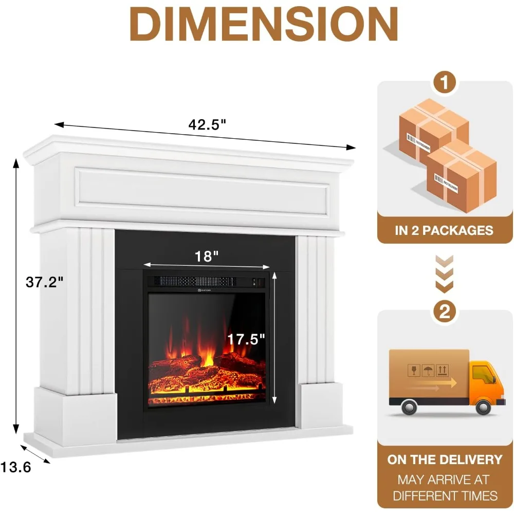 Electric Fireplace with Mantel, Fireplace TV Stand with 18’’ Electric Heater, 3D Flame, Freestanding Fireplace