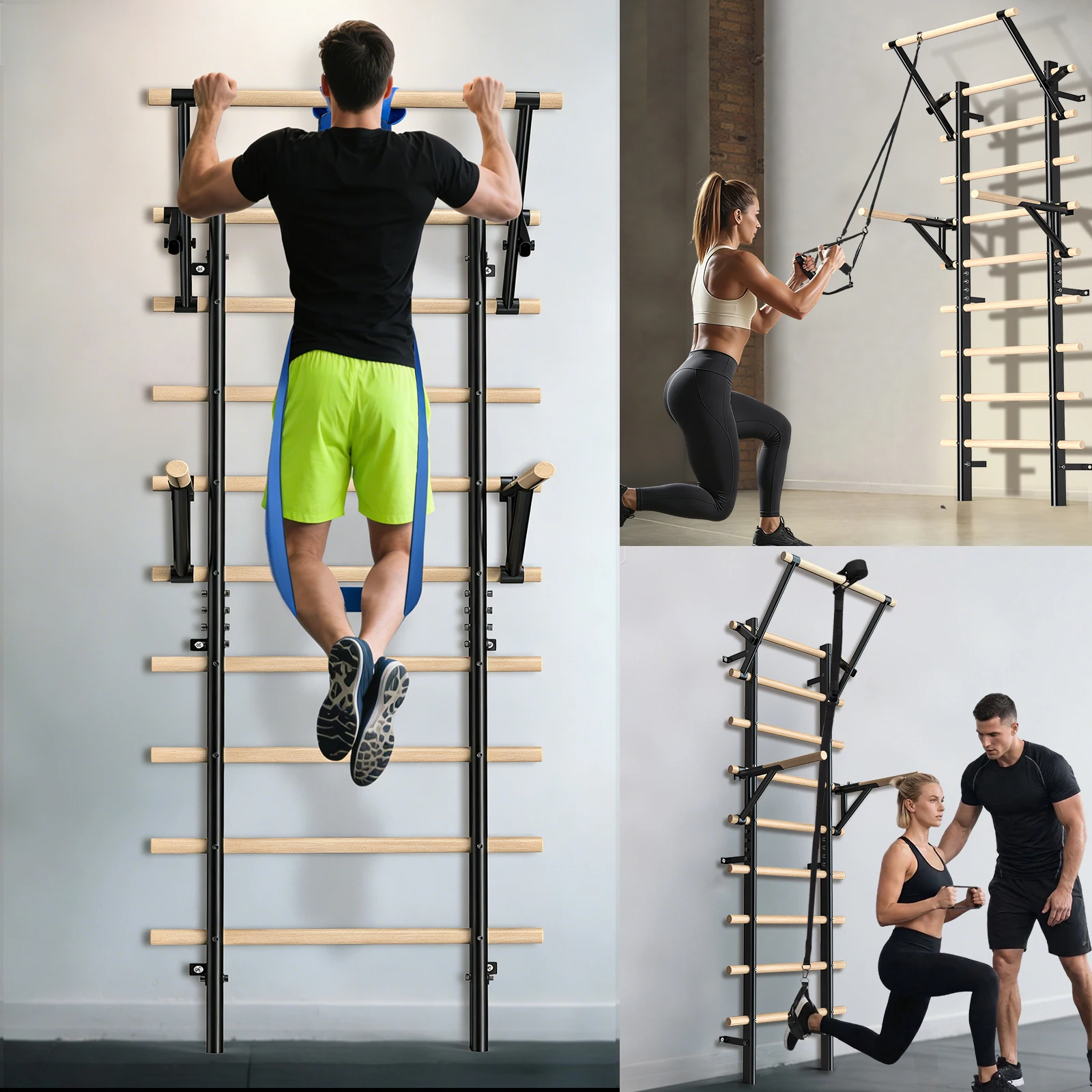 Obrázek 3: Nástěnné horolezectví formulovat s pull-up a namočit barů – 86.6-inch halové horolezectví držák, wall-mountable – dospělý dřevěný horolezectví W