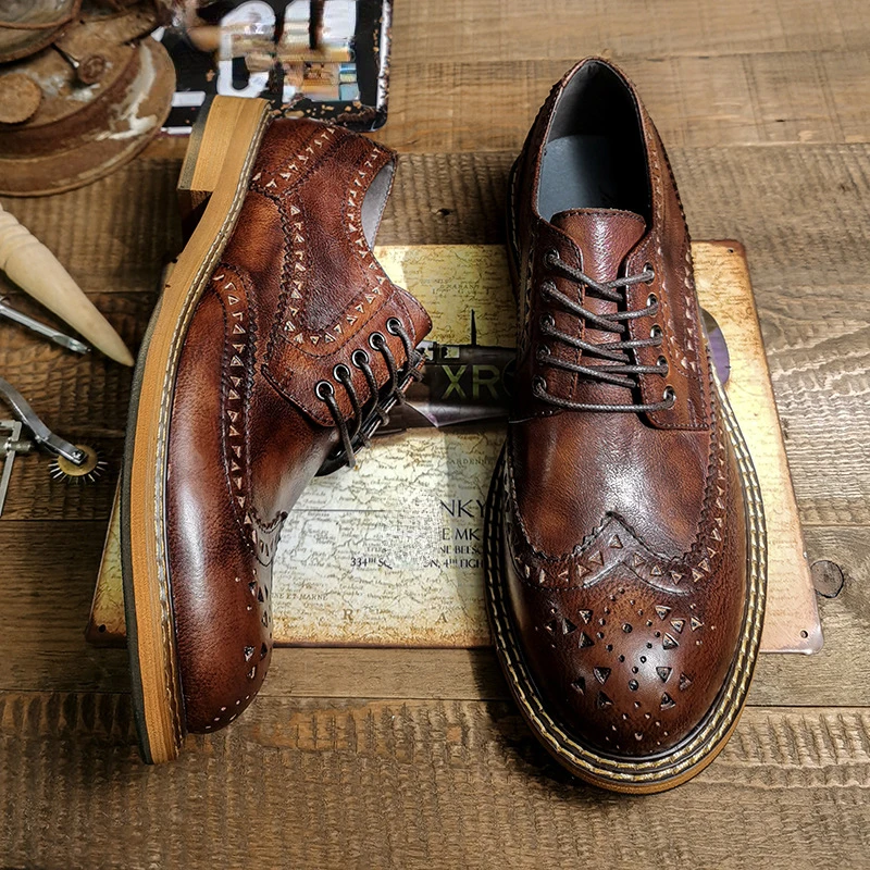 Vintage Men\'s Genuine Leather Brogues Dress Shoes Luxury Brand Handmade Fashion British Style Autumn Wedding Social Shoes Man