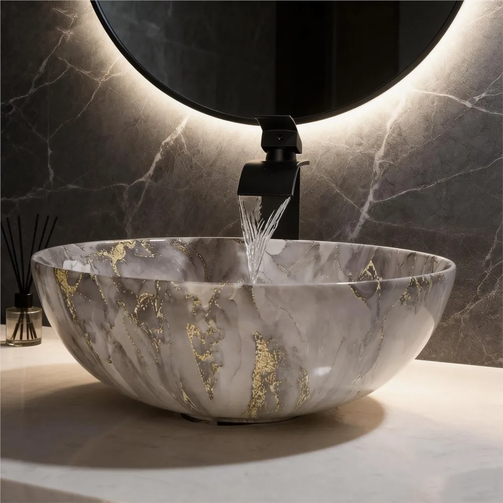 Torayvino Ceramic Bathroom Sink Set Marbling Vessel Vanity Black Faucet with Pop-up Drain Combo Kit Above Counter Bowl Basin
