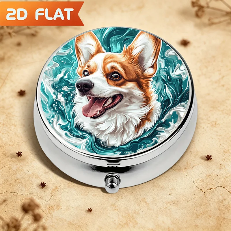 Single-piece, flat, round three-compartment storage box, corgi dog circular pattern design, metal organizer box, semi-transparent, practical gift, made of durable metal and plastic