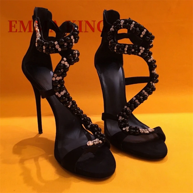 Kristallverzierte Sandalen mit Absatz, offener Zehenbereich, dünner Absatz, Sommersandalen, luxuriöse schwarze Gladiator-Sandalen mit Reißverschluss hinten, Party-Pumps 44