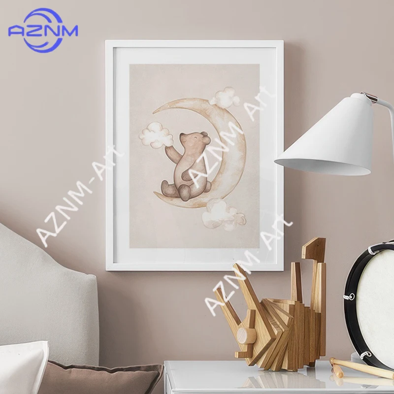 Bear Fox Bunny Hot Air Balloon Stars Wall Art Canvas Painting Print Poster Decorative Pictures Nursery Kids Room Baby Bedroom