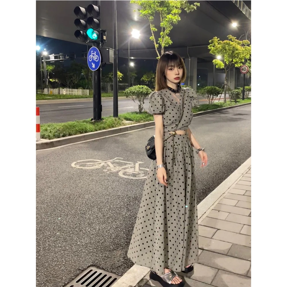 Vintage Women Black Skirt Sets Plaid Dot Print Puff Sleeve V-neck Slim Tops Shirt+High Waist A-Line Long Skirt 2pcs Female Suits