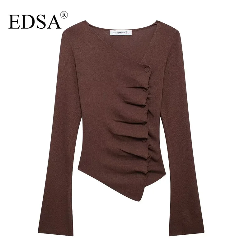 EDSA Women Asymmetrical Pleated Sweater Top Autumn Women\'s Long Sleeve Knitted Top Ladies Fashion Elegant Blue Brown Knitwear