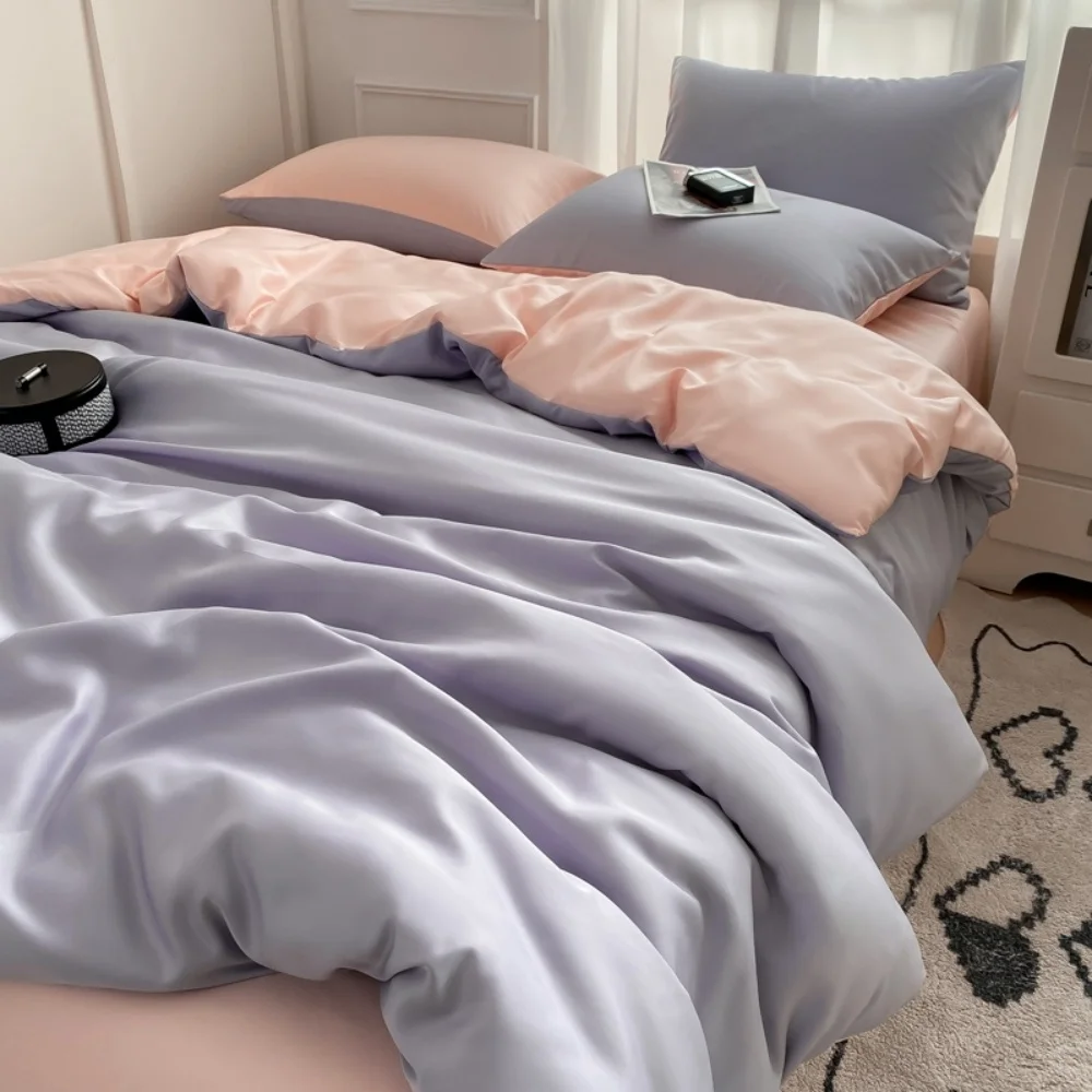 

Summer Washed Ice Silk Bedding Set with Sheet Duvet Cover Pillowcase Nordic Single Couple Bedsheet King Queen Double Twin Size