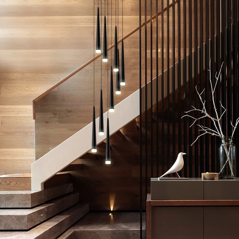 Staircase Rotating Chandelier Tapered Tube Black LED Kitchen Island Hanging Lamp Dining Room Coffee Shop Decoration Modern Light