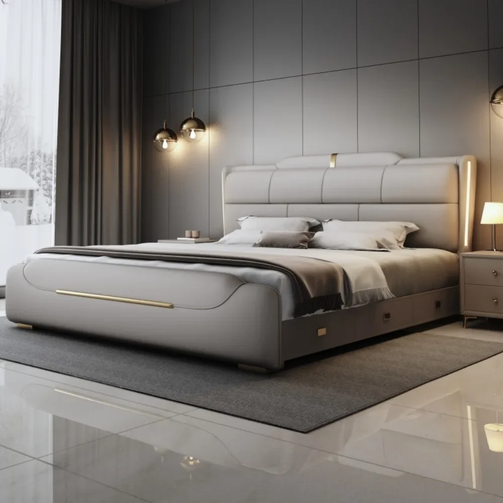 180x200cm Italian light luxury double storage bed layer cowhide three drawers Carbon steel leg camas de casal bedroom furniture