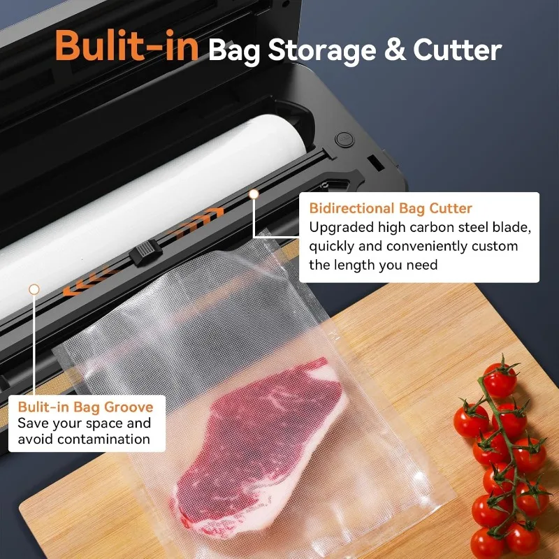 Vacuum sealer, food sealer 80KPA automatic 8 in 1, for food preservation in dry/wet mode, and storage, 11 vacuum bags