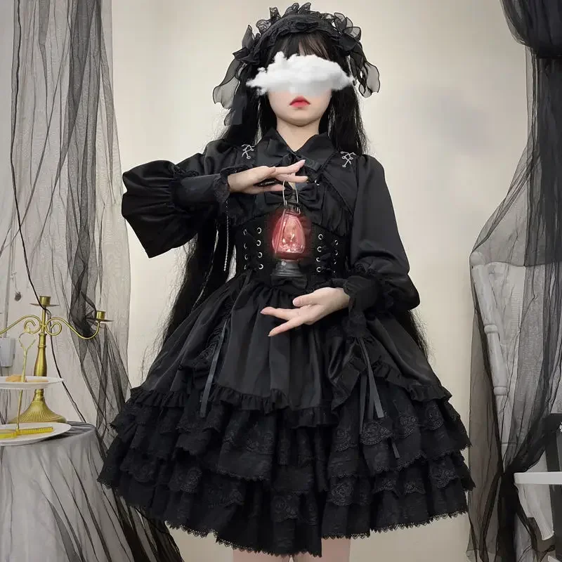 Vintage Gothic Lolita Dress Women Victorian Punk Slim Bandage Princess Party Dresses Girls Cute Metal Cross Bow Evening Dress