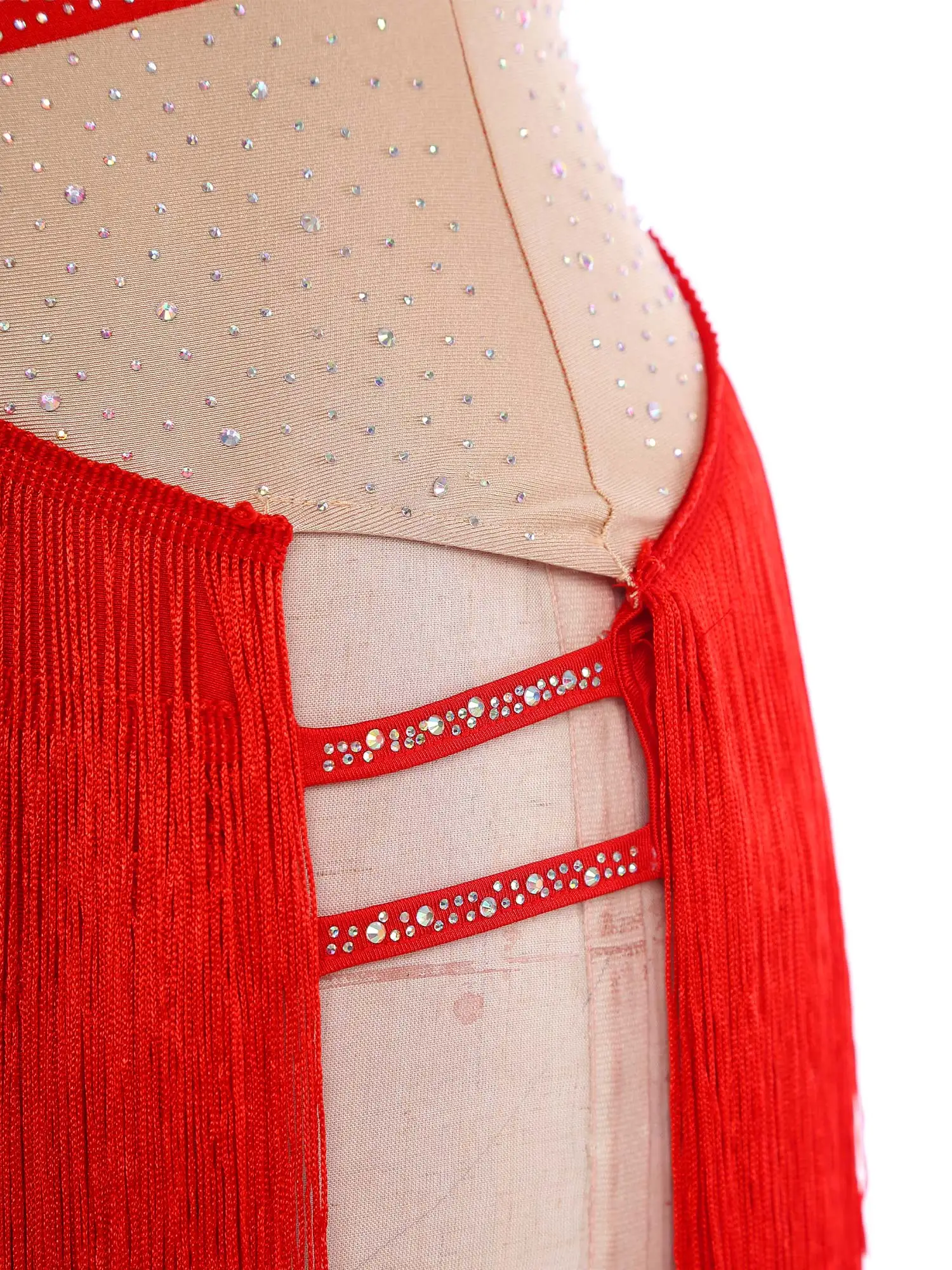 

Women Leotards Fringed Latin Dance Costume Jazz Tango Leotard Dresses Allover Rhinestones Tiered Contrast Color Tassel Bodysuit