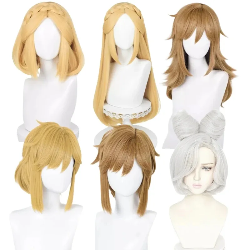 2025 ゲーム コスプレ リンク プラハ ゼルダ姫 ゴールデンブロンド ブラウン 編み込み 耐熱性合成毛 + 無料ウィッグ