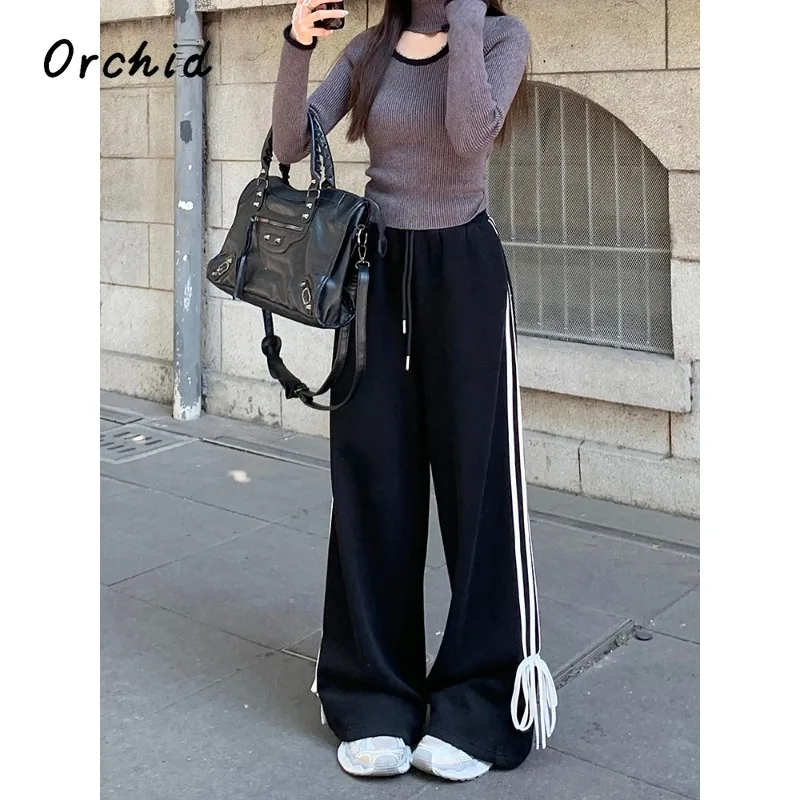 2024 Spring Women\'s Wide Leg Elastic Waist High Waist Sweatpants Korean Baggy Casual Streetwear Daily Striped Joggers Pants