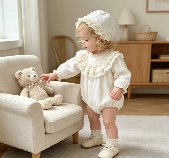 2026 Baby Spring Long Sleeve Jumpsuit Lace Bag Fart Dress Hundred Day Fashion and Cute Kids Outwear Rompers