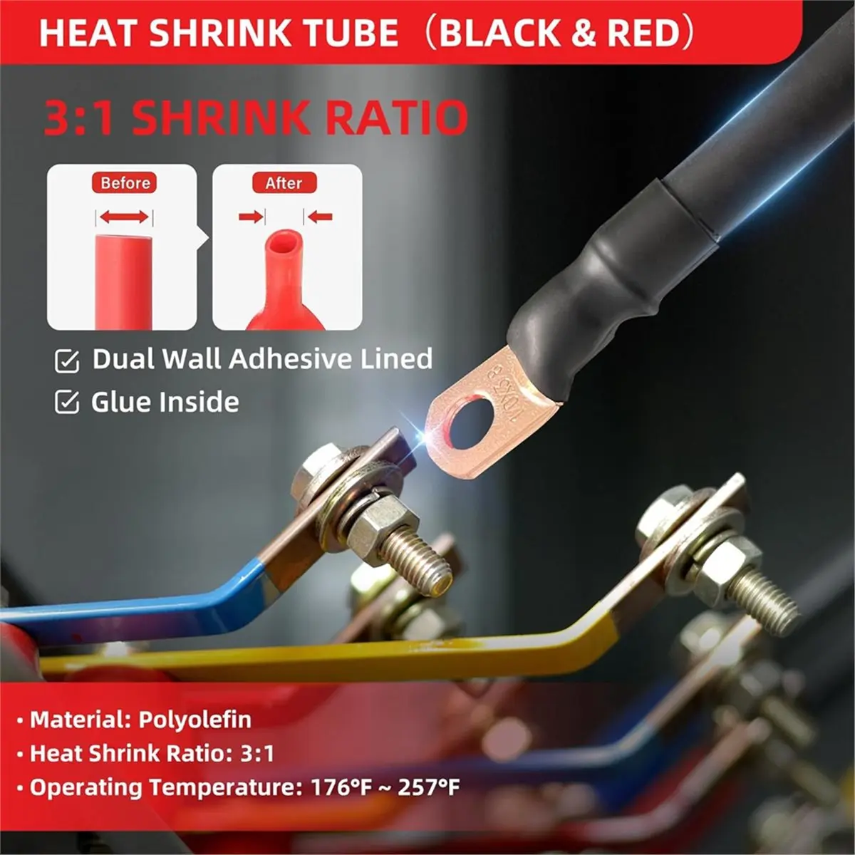 8 AWG-5/16 Battery Lugs with 3:1 Heat Shrink Tubing Battery Cable Ends, Heavy Duty Copper Wire Lugs