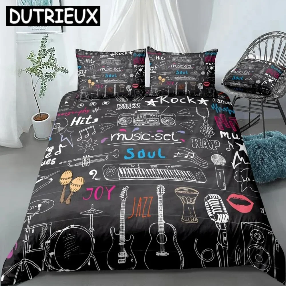 Music Duvet Cover Set Microphone Guitar Headphone Drums Bedding Rock Music Quilt Cover Black Queen Bed Set Colorful Dropship