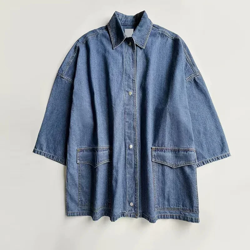 luxury Denim jacket Origina version Silhouette wide sleeve fried loose version denim Shirt modern vintage large pocket Coat