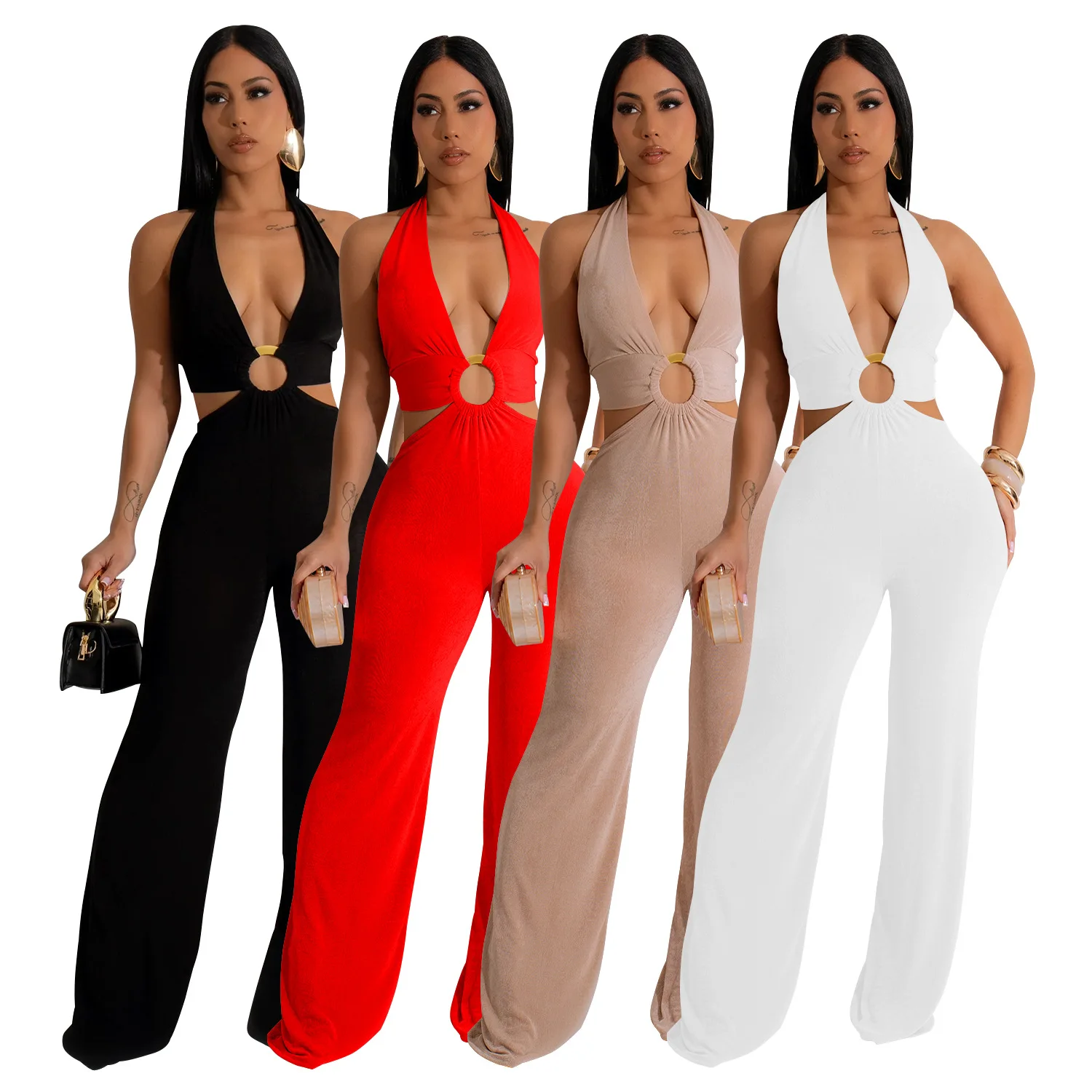 

EINY Traf Sexy Deep V-Neck Sleeveless Halter Wide Leg Red Jumpsuits Women’s Summer Night Club One Piece Birthday Romper Overalls