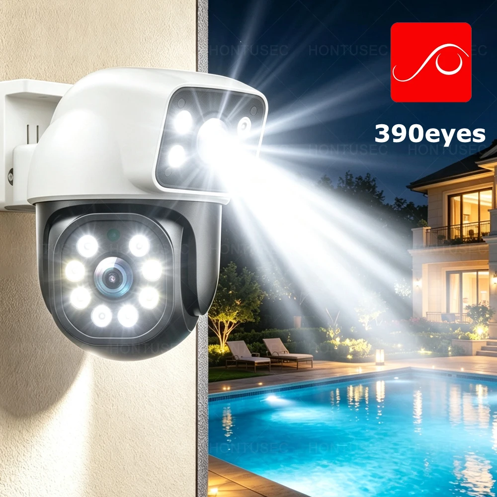 Камера видеонаблюдения 390Eyes App 4K 8MP с двумя объективами, двумя экранами, Wi-Fi, IP, PTZ, для улицы, с автоматическим отслеживанием и двусторонней аудиосвязью.