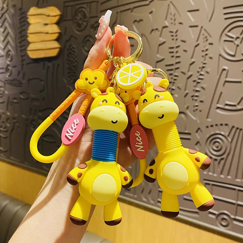 Creative Retractable Spring Toy Giraffe Doll Key Chain Nice Cloud Lemon Pendant Long-necked Deer Animal Keyring Girl Bag Trinket