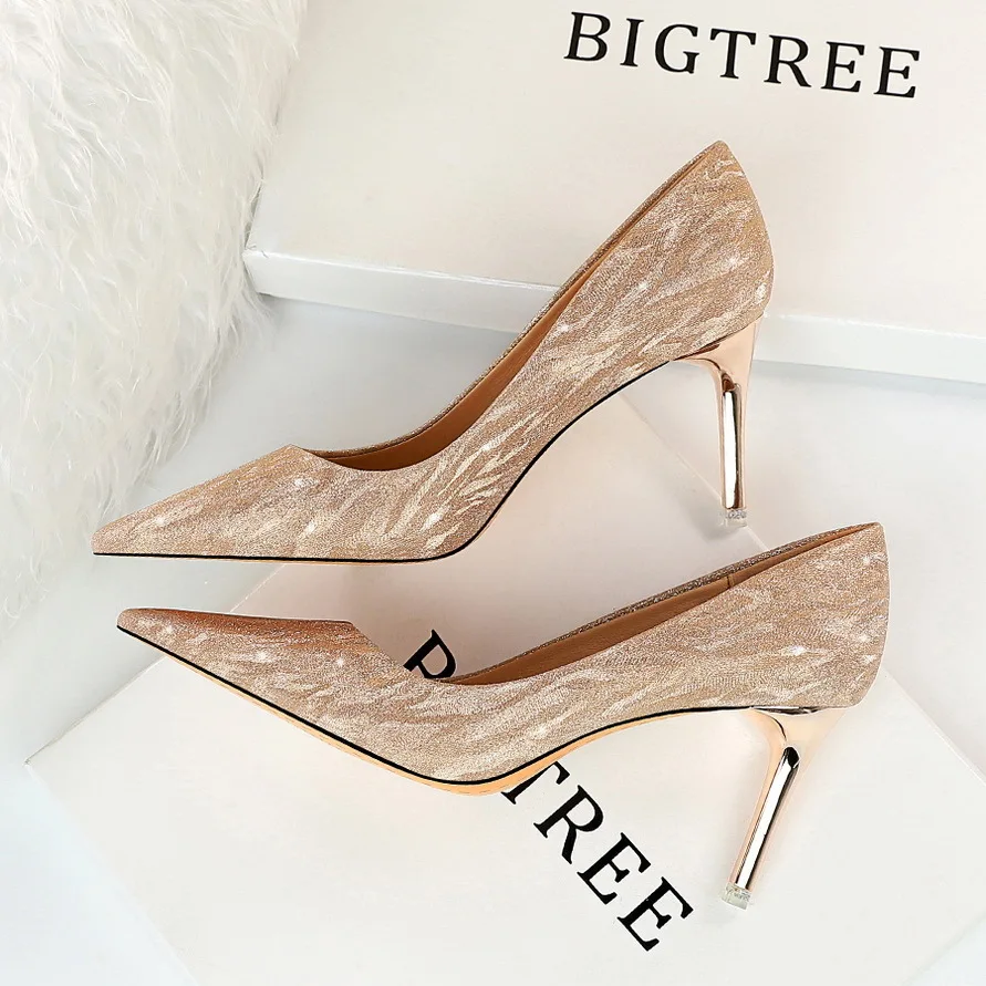 

Sexy Banquet Women's Thin High Heels Shallow Mouth Pointed Sequin Single wedding classic pumps luxury bride stiletto shoes