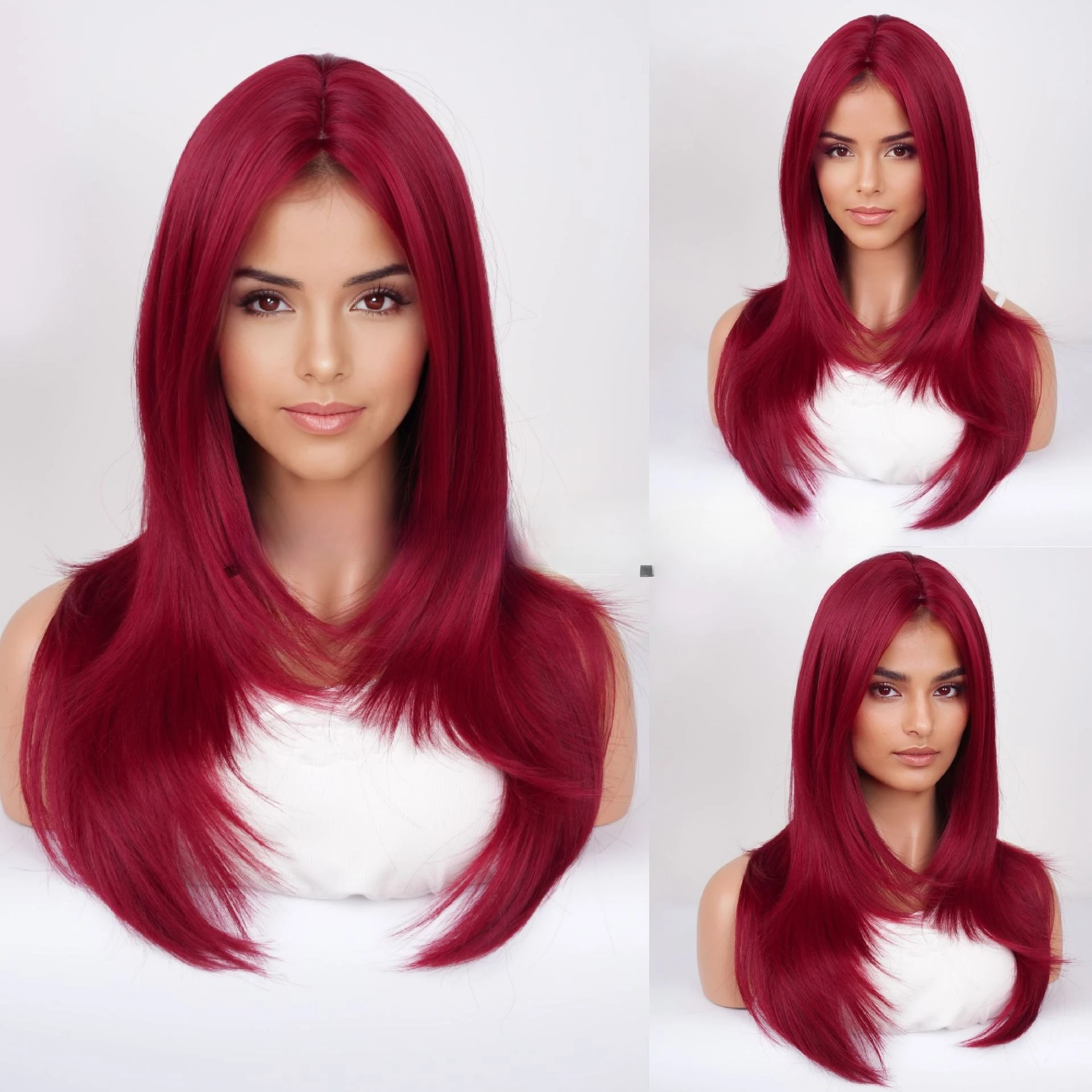 

European and American wig women's high-level medium burgundy natural medium and long hair straight hair high-quality wig full he