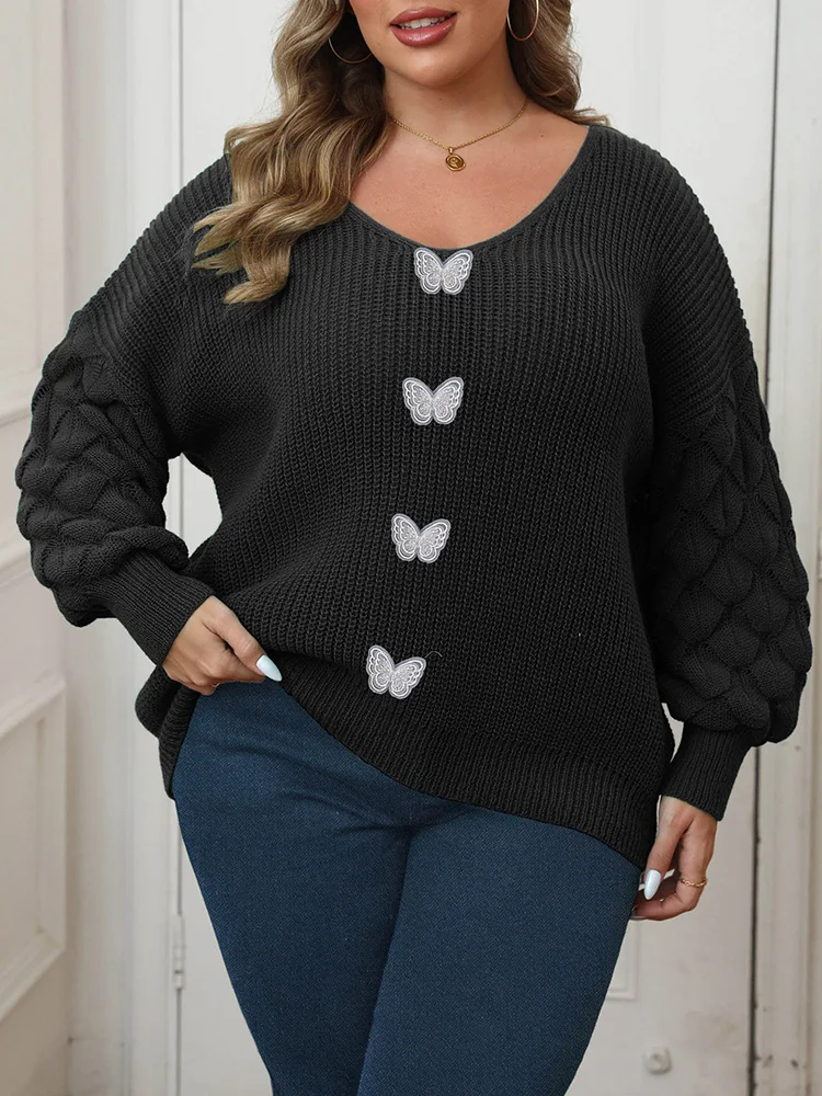 Gibsie plus size outono inverno renda borboleta emenda camisola de malha feminina 2025 moda com decote em v manga longa pullovers soltos