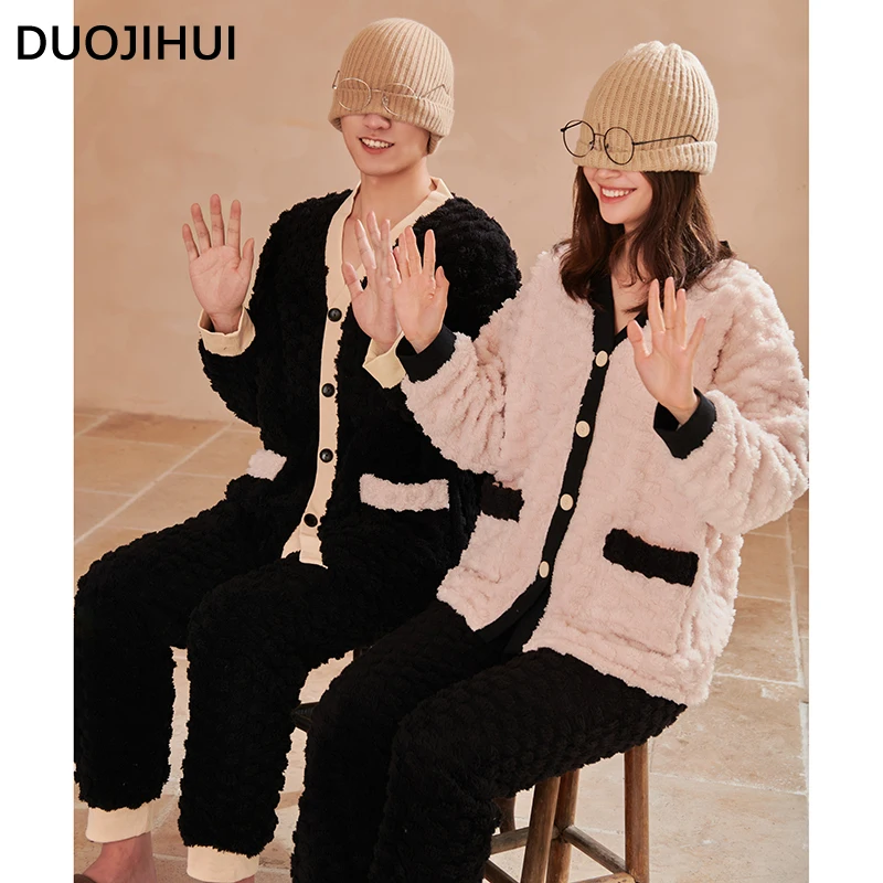 DUOJIHUI Fashion Cardigan Simple Pant Loose Female Pajamas Set Winter New Flannel Soft Warm Causal Home Pajamas for Women M-3XL