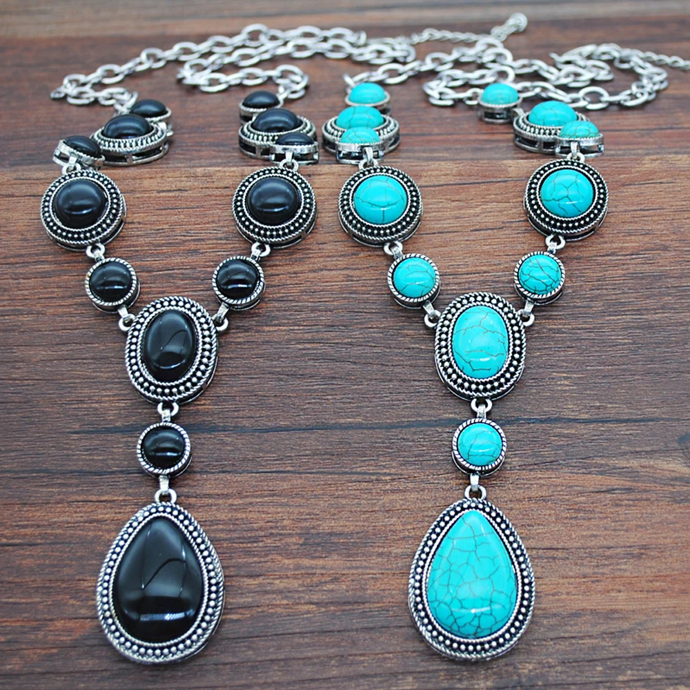 Turquoise Necklace Water Drop Shaped Blue Stone Pendant Women Vintage Tibetan Silver Setting Black Stones Jewelry Gift