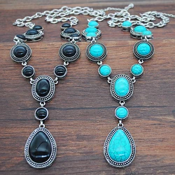 Turquoise Necklace Water Drop Shaped Blue Stone Pendant Women Vintage Tibetan Silver Setting Black Stones Jewelry Gift