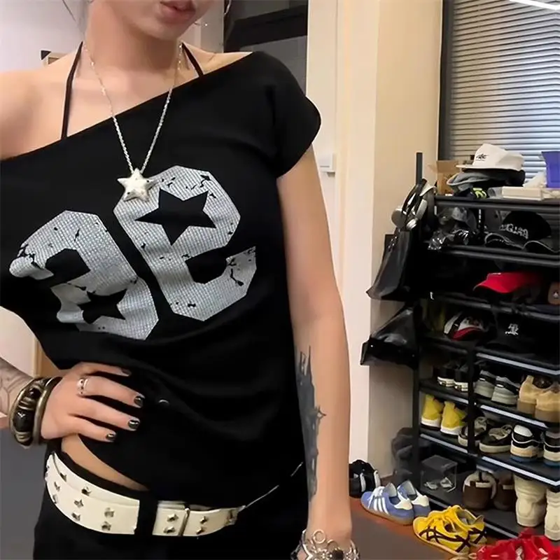 Off Schulter Y2k Tops Print Kurzarm T-Shirt Harajuku Lose Frauen Top Sommer Neue Mode Straße Kleidung – Detail 6