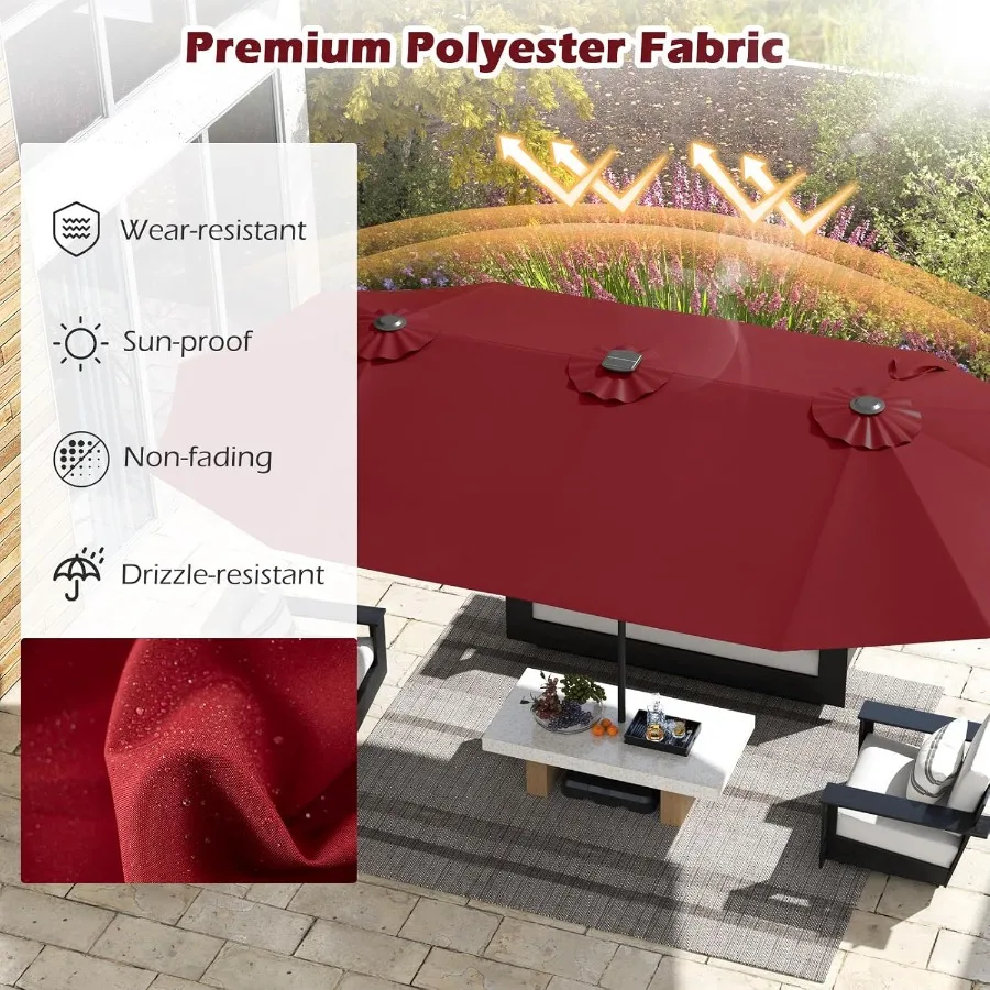 15.5 FT Doublesided Patio Umbrella with Solar Lights for Outdoor Garden Deck Poolside Use Oversized Rectangle Design with Crank