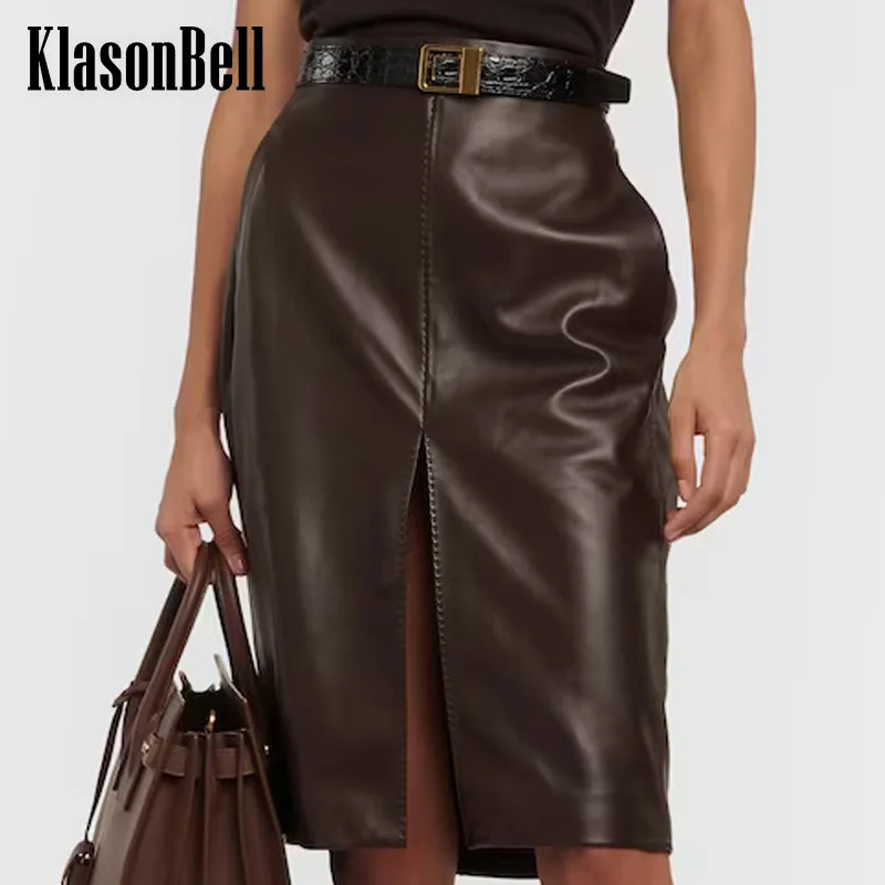 3.12 KlasonBell Soft Leather Side Pocket Front Split Skirt Women Elegant All-matches High Waist Genuine Leather Skirt Beltless