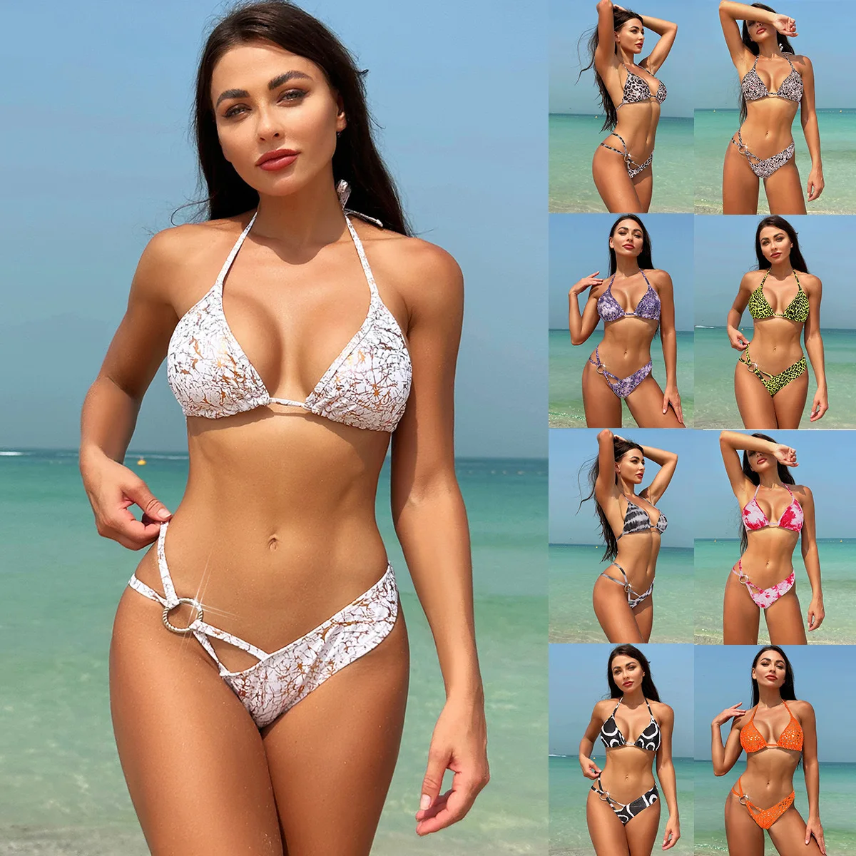 Women\'s two-piece triangular bikini set, sexy swimsuit split Brazilian neck strap Summer Sexy Swimwear Beach Vacation