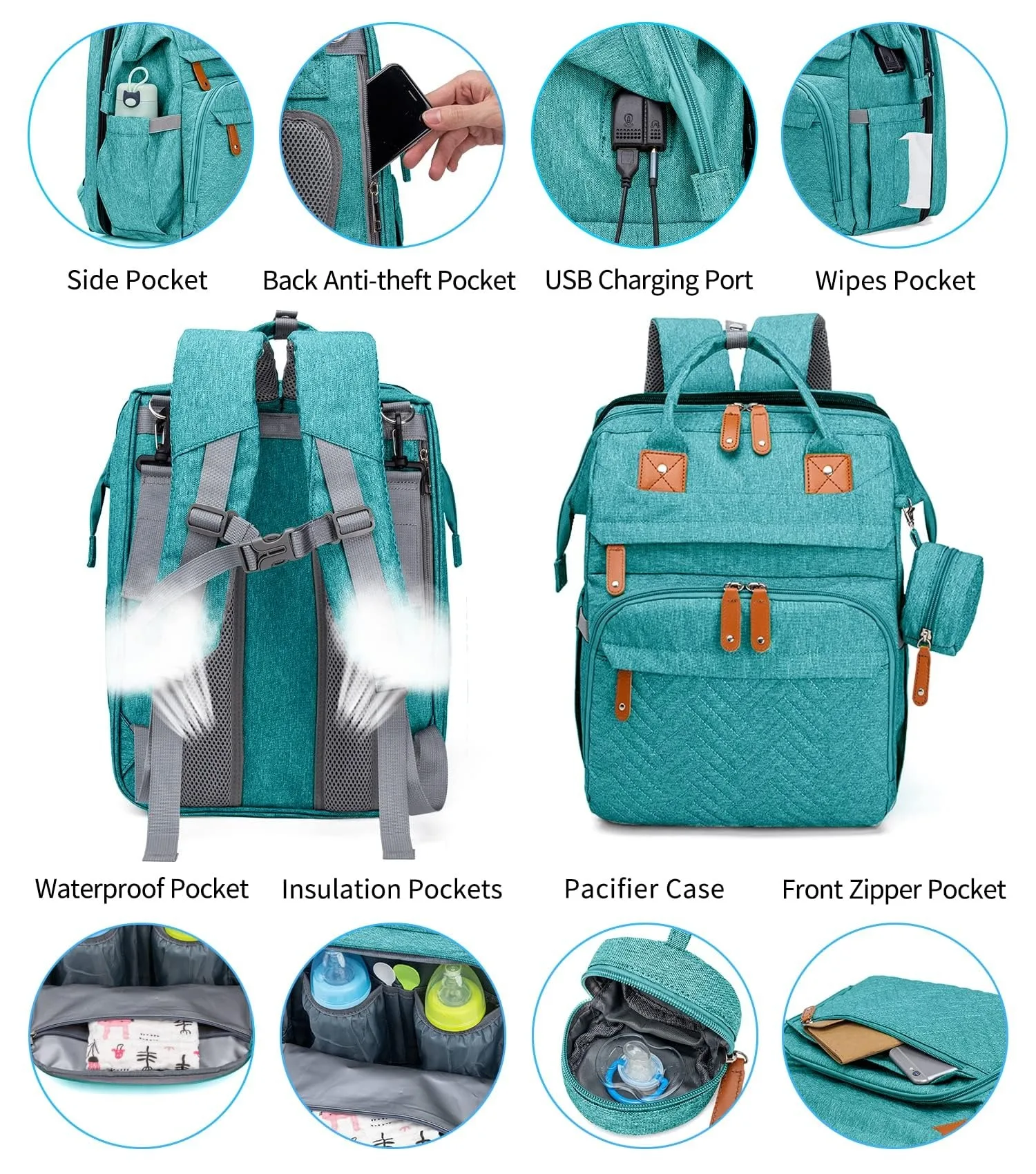 Bolsas de pañales para bebés con cambiador, mochila impermeable de gran capacidad para pañales para mamás y papás con puerto de carga USB y correas para cochecito, regalos para baby shower, rosa, verde, azul