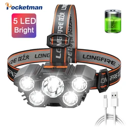 Super Brightest Powerful 5 LED Headlamp Rechargeable Headlamps Waterproof Headlights Head Torch Outdoor Camping Running Lighting