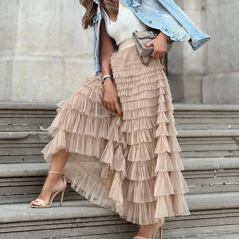 

Summer Streetwear Fashion Mesh Layered Cake Long Skirt Elegant High Waist Swing Club Party Skirt Office Lady Sweet Pleated Skirt