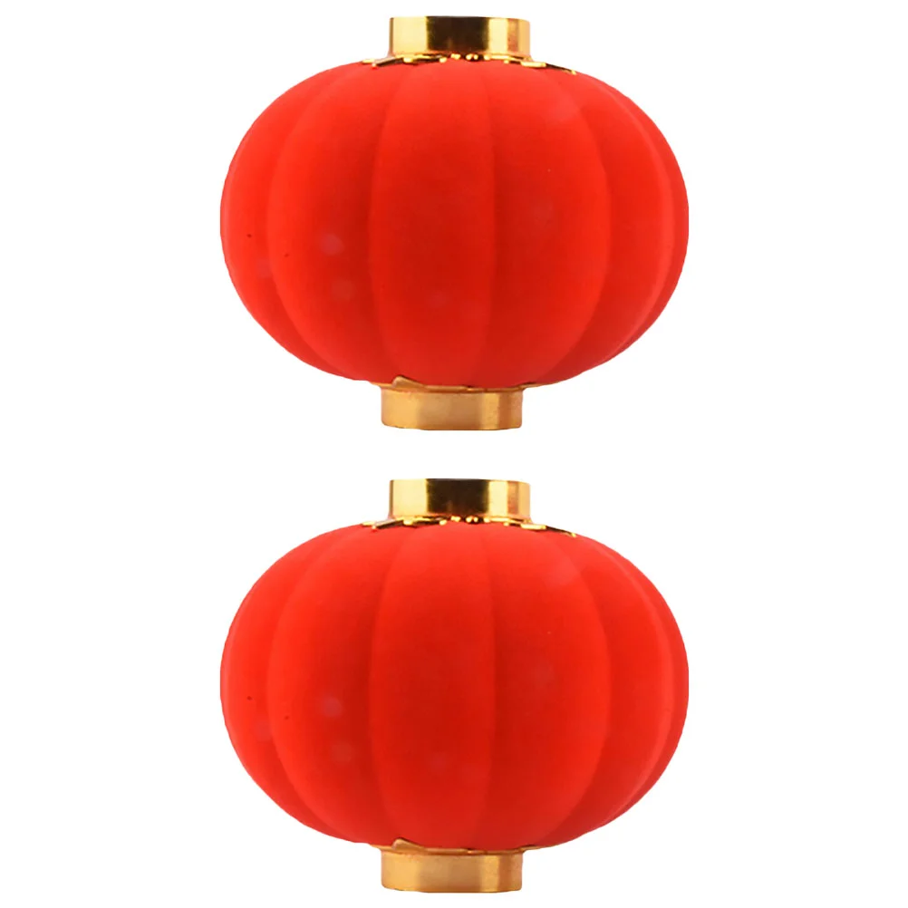 2 Pcs Flocked Lantern Outdoor Decor Round Lanterns New Year Red Hanging Mini Spring Festival Chinese Flocking Cloth Mall