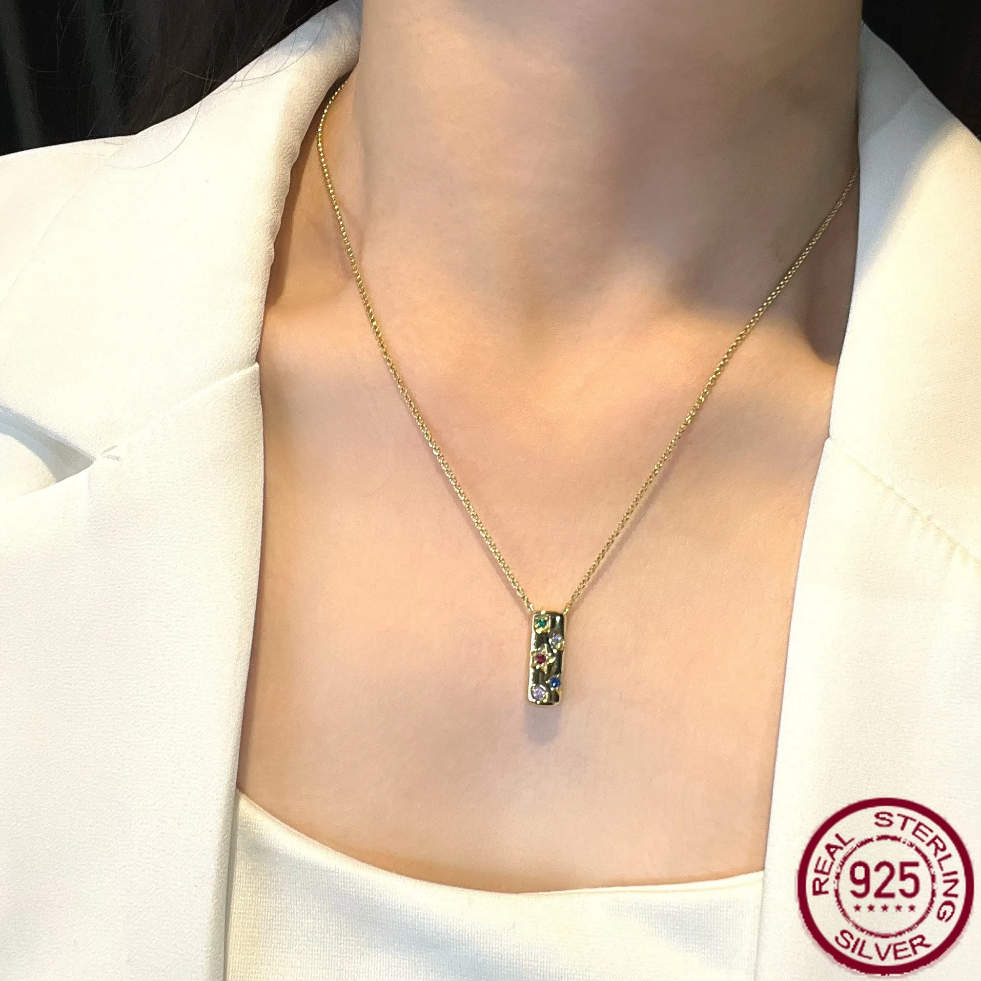 

New S925 pure silver inlaid rainbow cultivation red/blue treasure gold pendant necklace stars wedding jewelry