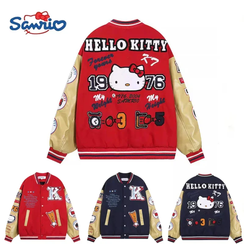 Sanrio Hello Kitty เสื้อแจ็คเก็ตวินเทจหนาอบอุ่นปักเทรนด์ยอดนิยมแนวโน้มหลวมคอตั้งของขวัญวันหยุดคู่รักการ์ตูน