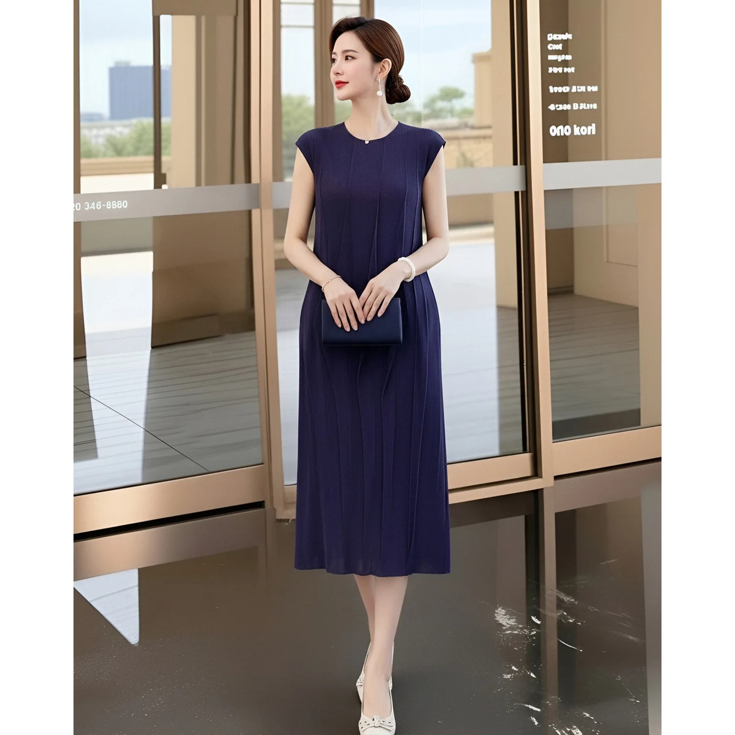 

Miyake Pleated Women's Light Luxury Casual Dress 2006 New Japanese Design Loose Large Size Mid-length O Neck Sleeveless Skirt