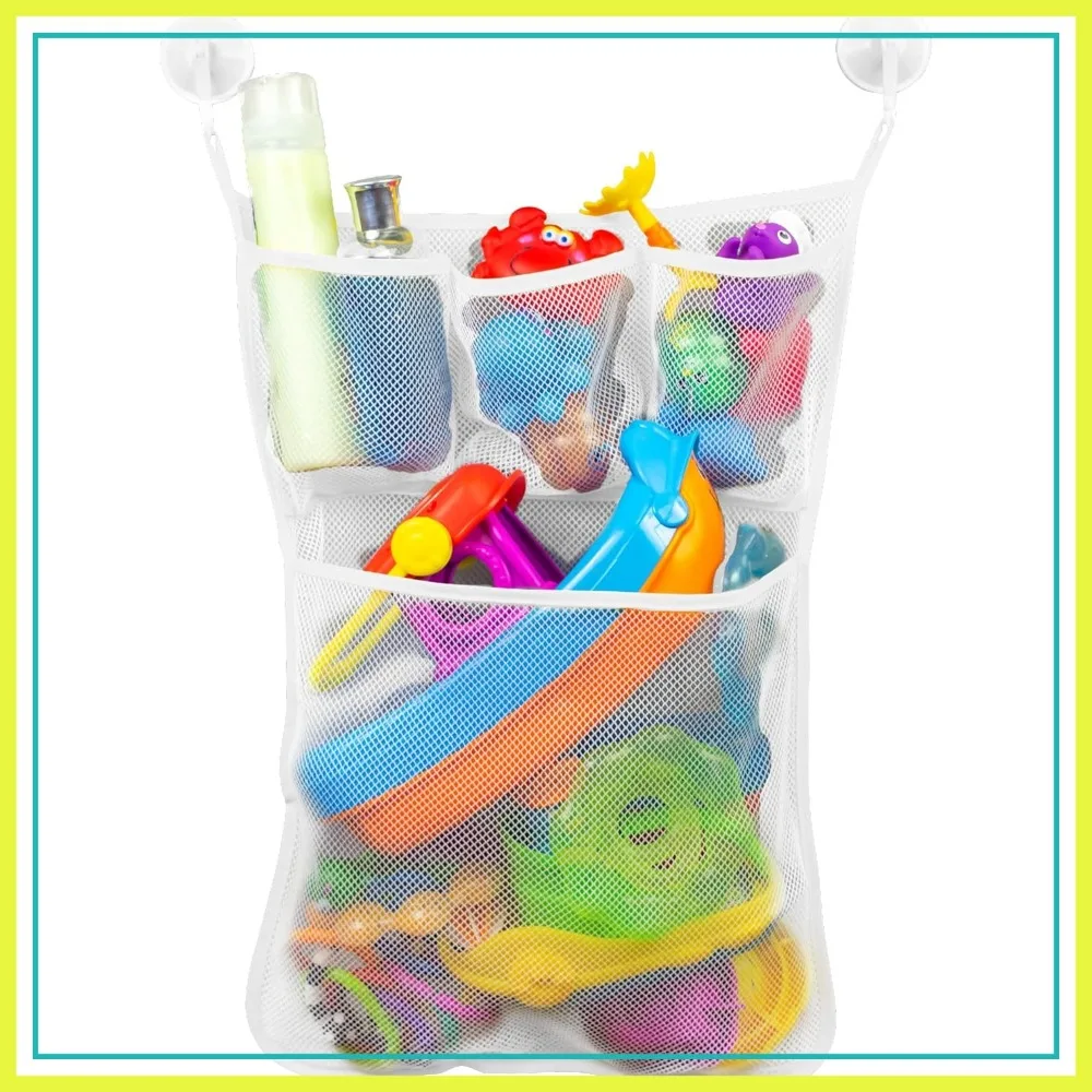 

Bath Toy Storage Net with Pockets for Tub, Shower Caddy Holds Soap or Shampoo, Hooks Included, 14x20 Inch, White, 1 Pack