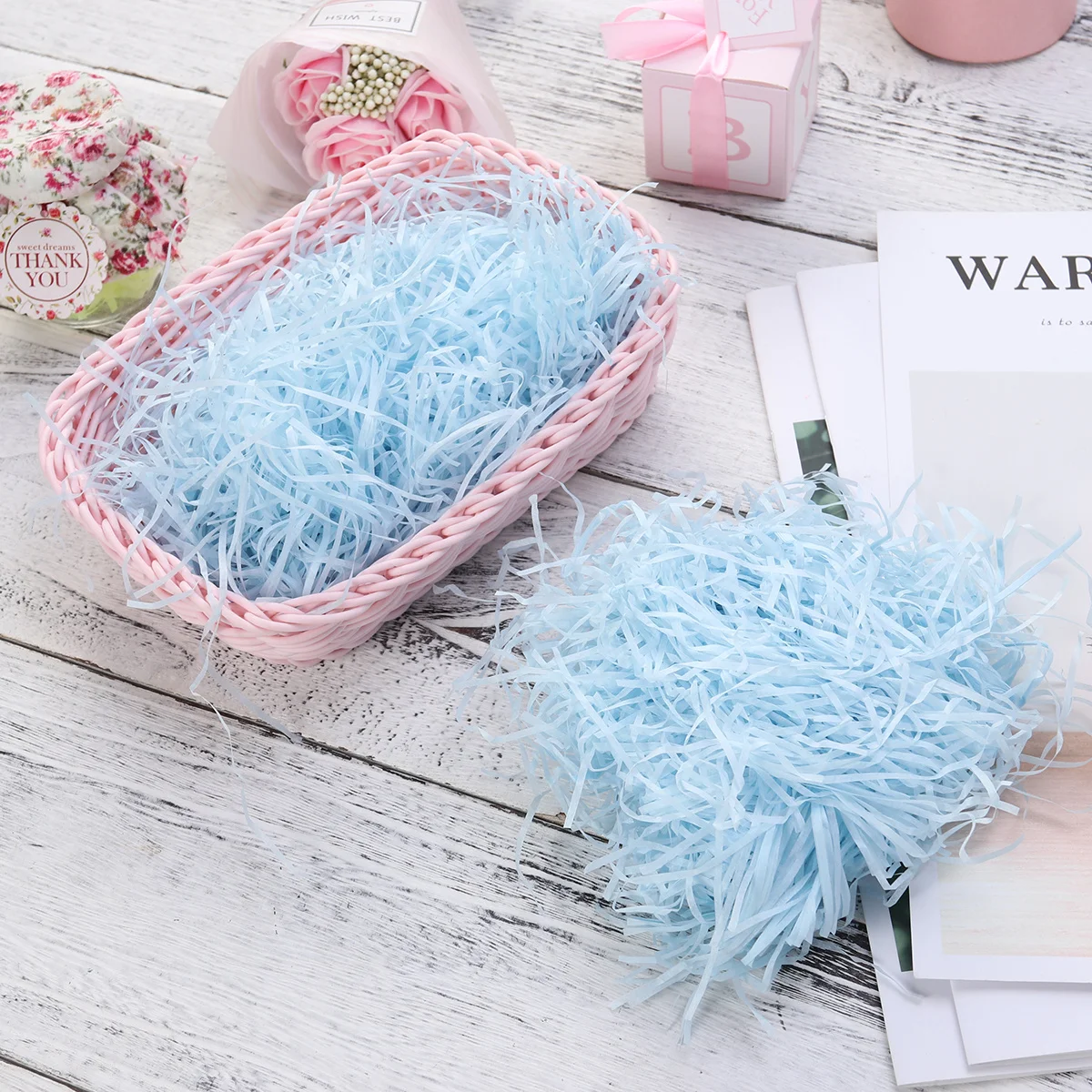 

20g Sky Blue Colored Cut Paper Filler Candy Gift Wrapping Box Filling Chocolate Void Natural Lafite Grass Silk Paper