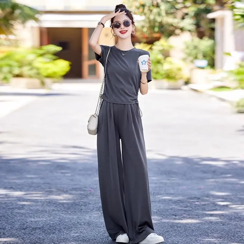 

Ice Silk Thin Casual Sports Suit for Women's Summer New Slimming T-shirt Hanging Wide Leg Pants Two-piece Set