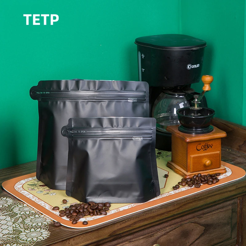 TETP 50Pcs Valved Coffee Bags Ziplock Sealing Reusable Coffee Beans Food Packaging Storage Aluminum Foil Wholesale Stand Up