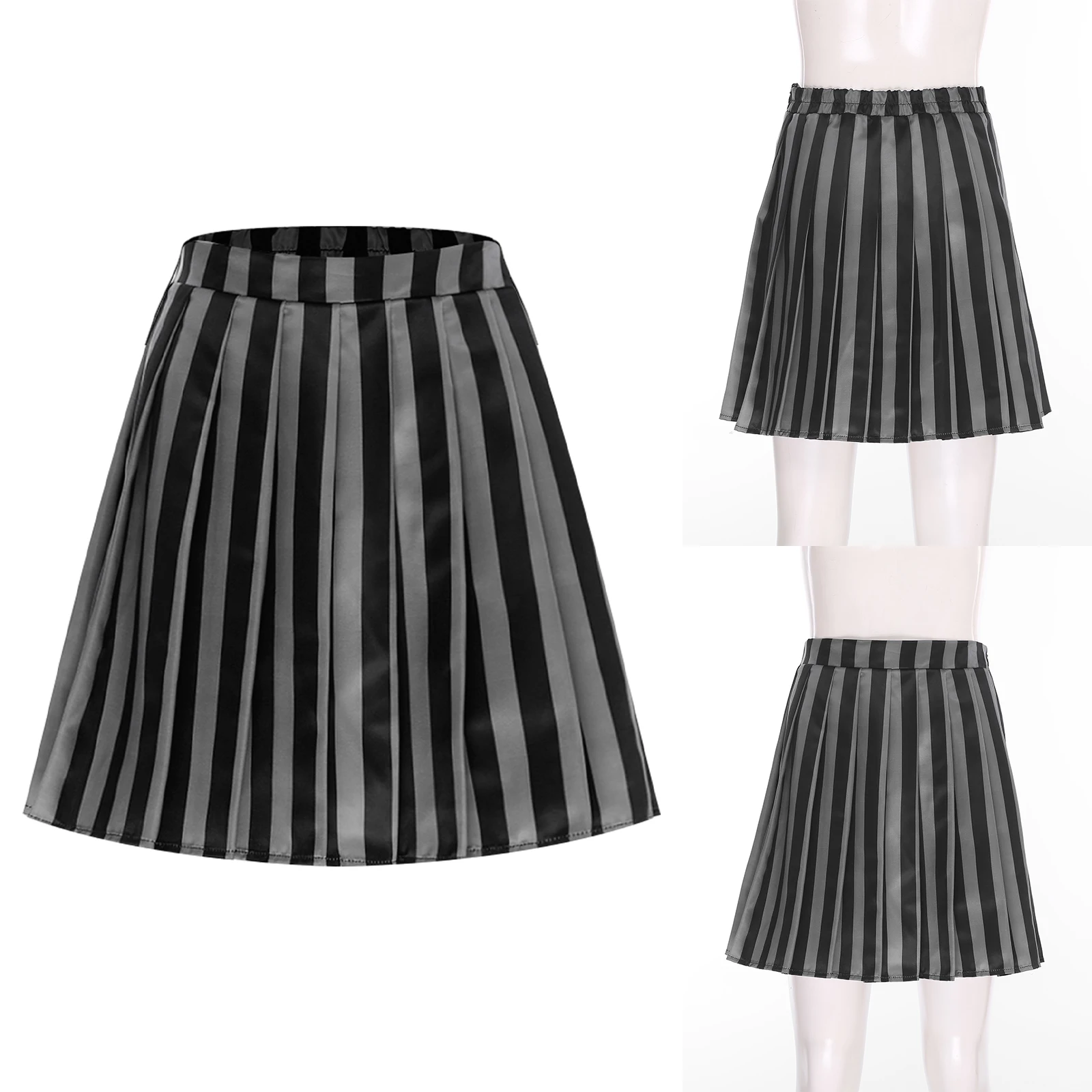 

Women Striped A-line Mini Skirt Pleated Hem Side Zipper A-line Skirt Academy School Girls Uniform JK Skirt for School Daily Wear
