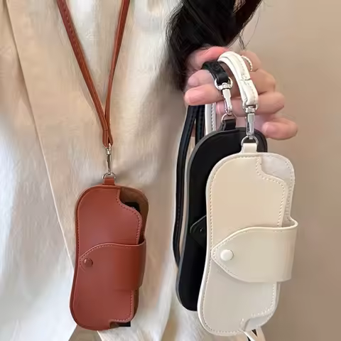 Portable Sunglasses Box Women Retro PU Leather Glasses Case Eyewear Pouch Bags Glasses Storage Pendant With Wristband Neck Strap