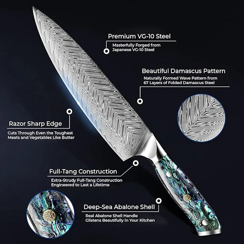 WILDMOK VG10 Damascus Steel Kitchen Chef Knife, Full Tang Construction, Abalone Shell Handle for Daily Cooking and Gift Giving