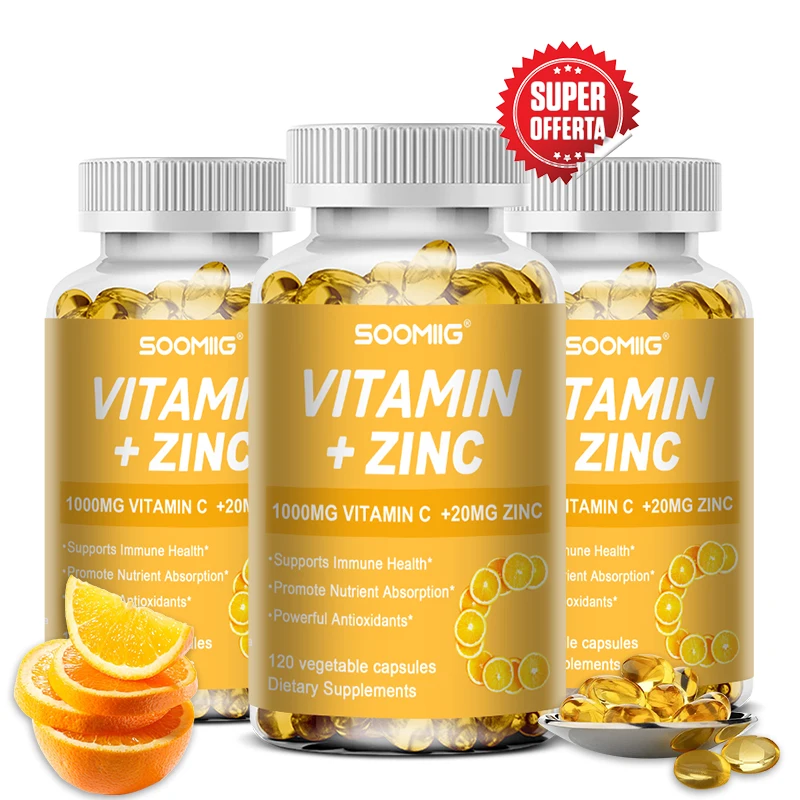 Vitamin C 1000mg + Zinc 20mg Capsules, Cellular Energy Production, Skin Brightening, Immune Support & Antioxidant Supplement