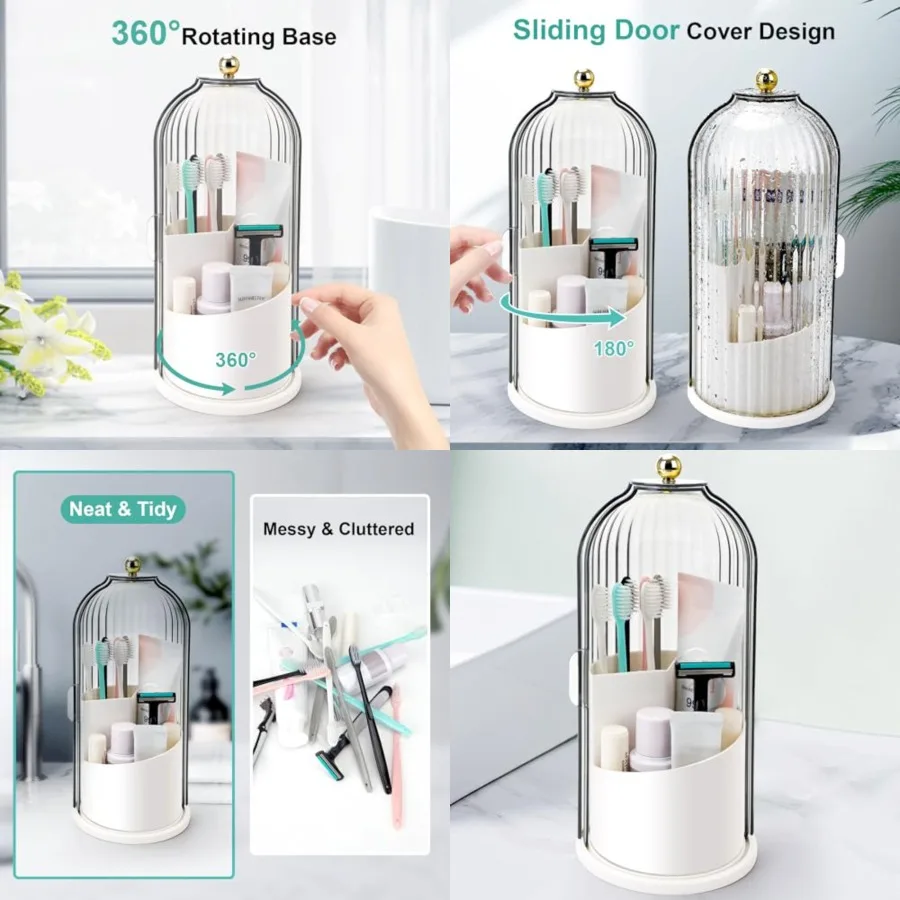 

Toothbrush Holders with Sliding Lid, Rotating 3 Slots Bathroom Organizer Countertop, Tooth Brush Toothpaste Holder Bathroom Counter Stand Sink Organizer Caddy for Vanity Makeup Brushes Holder